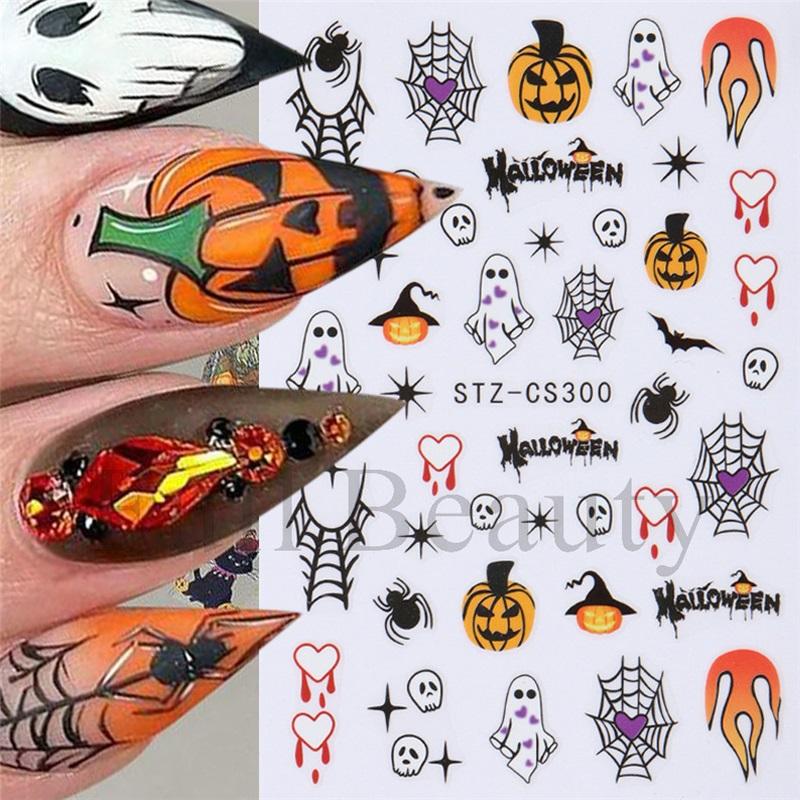 New Nail Art Stickers Halloween Pumpkin Ghost Love Spider Web Cute Cartoon Adhesive Nail Stickers