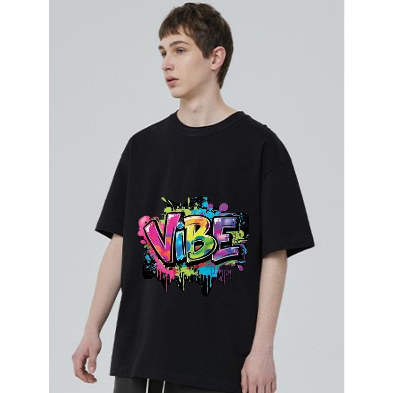 Black T Shirt with Colorful Vibe Graffiti Print for Casual Wear