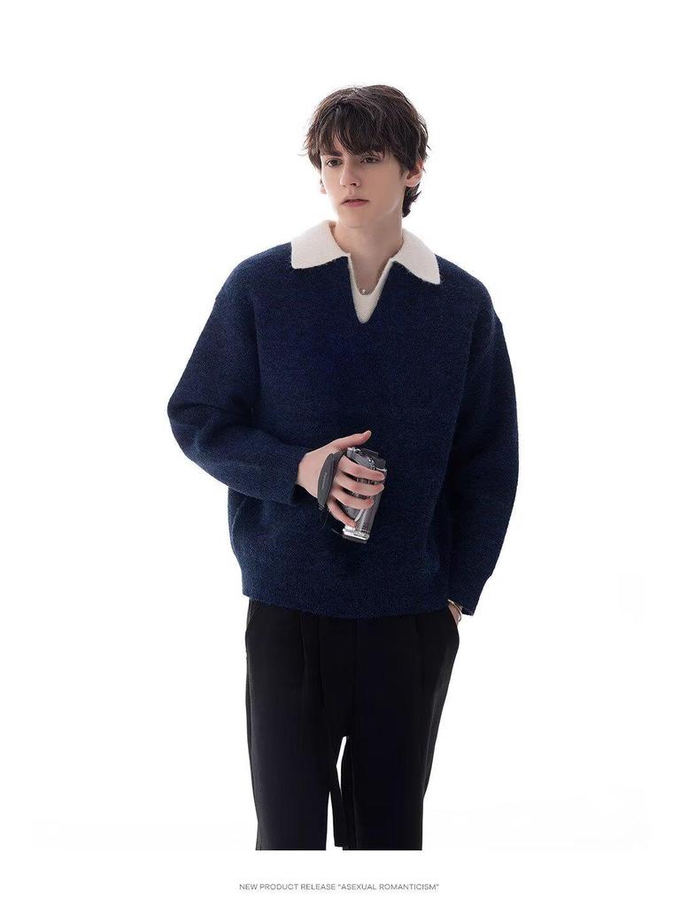 Unisex British-Style Heavyweight Sweater: Two-Piece Look, Lapel Design, Trendy and Versatile for Autumn/Winter.