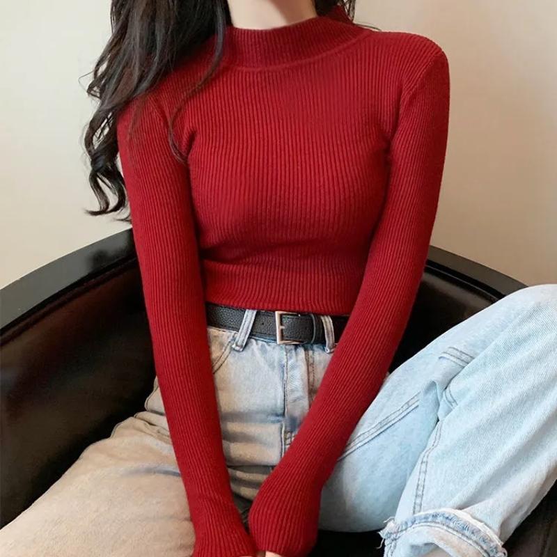 New Autumn Long Sleeve Base Knitted Sweater Women Winter Fashion Half High Collar Pullover Women Sweaters Vintage Slim Fit Solid Casual Knitwear 24970