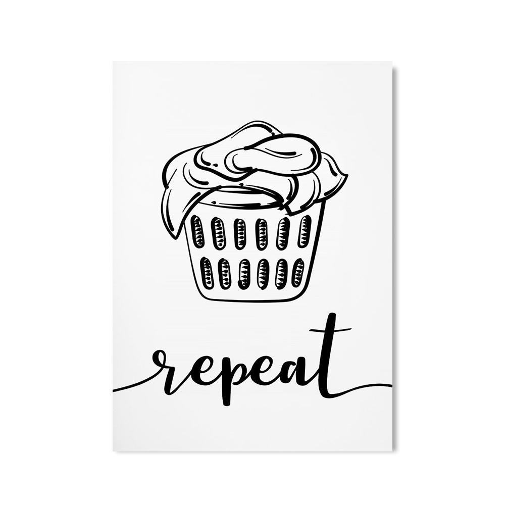 Wash Dry Fold Repeat Canvas Painting Poster Black and White Quote Wall Art Picture For Laundry Room Utility Room Home Decoration