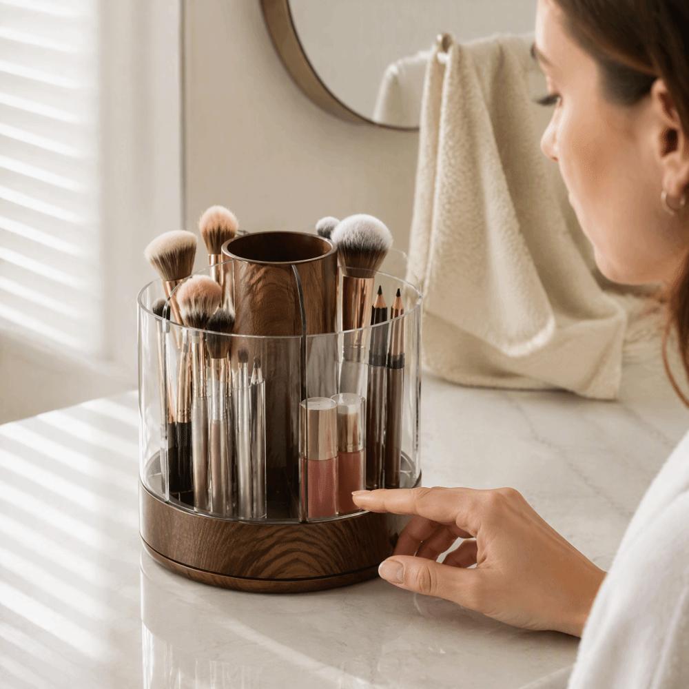 360 Rotating Rotating Makeup Organizer Woodgrain Cosmetics Storage Box  Home Organization