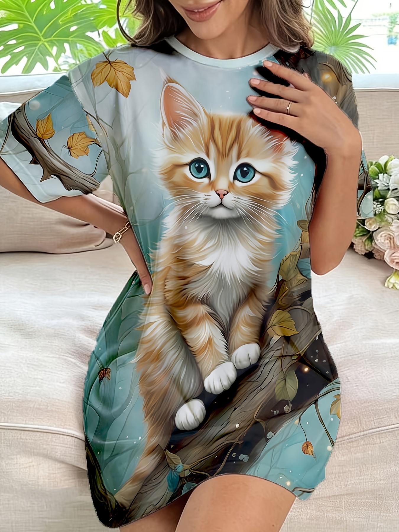 

Women s Cute Cat Print Short Sleeve Dress XS дубильна кора