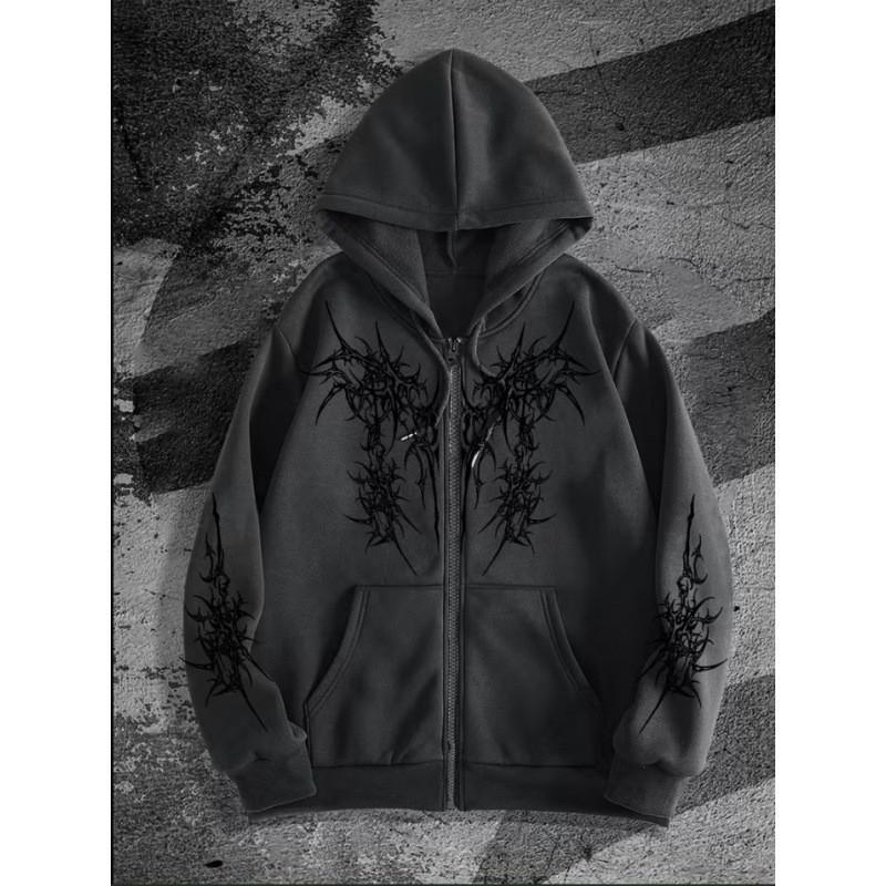 Gotický Kříž Sanskrtský Potisk Volná Mikina na Zip Pánská Ležérní Streetwear
