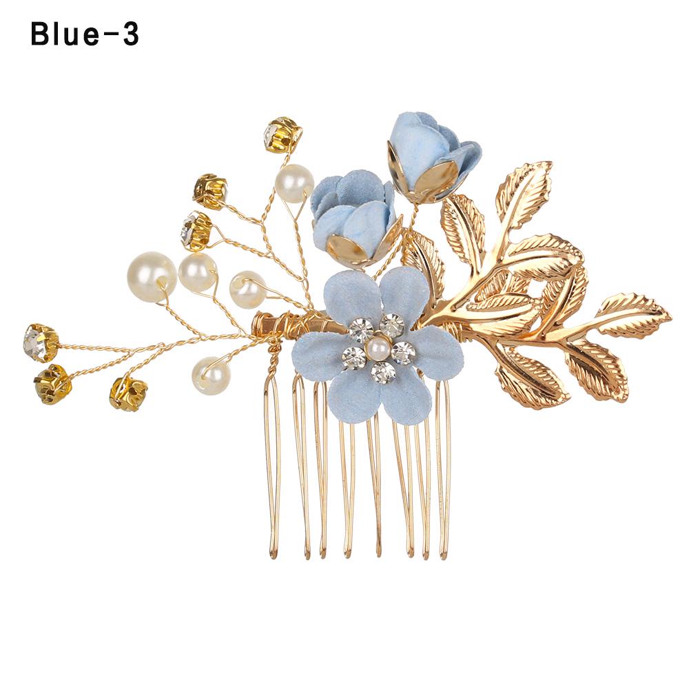Fashion Elegant Blue Flower Women Hair Combs Headdress Prom Bridal Wedding Hair Accessories Gold Leaves Hair Jewelry Hair Pins