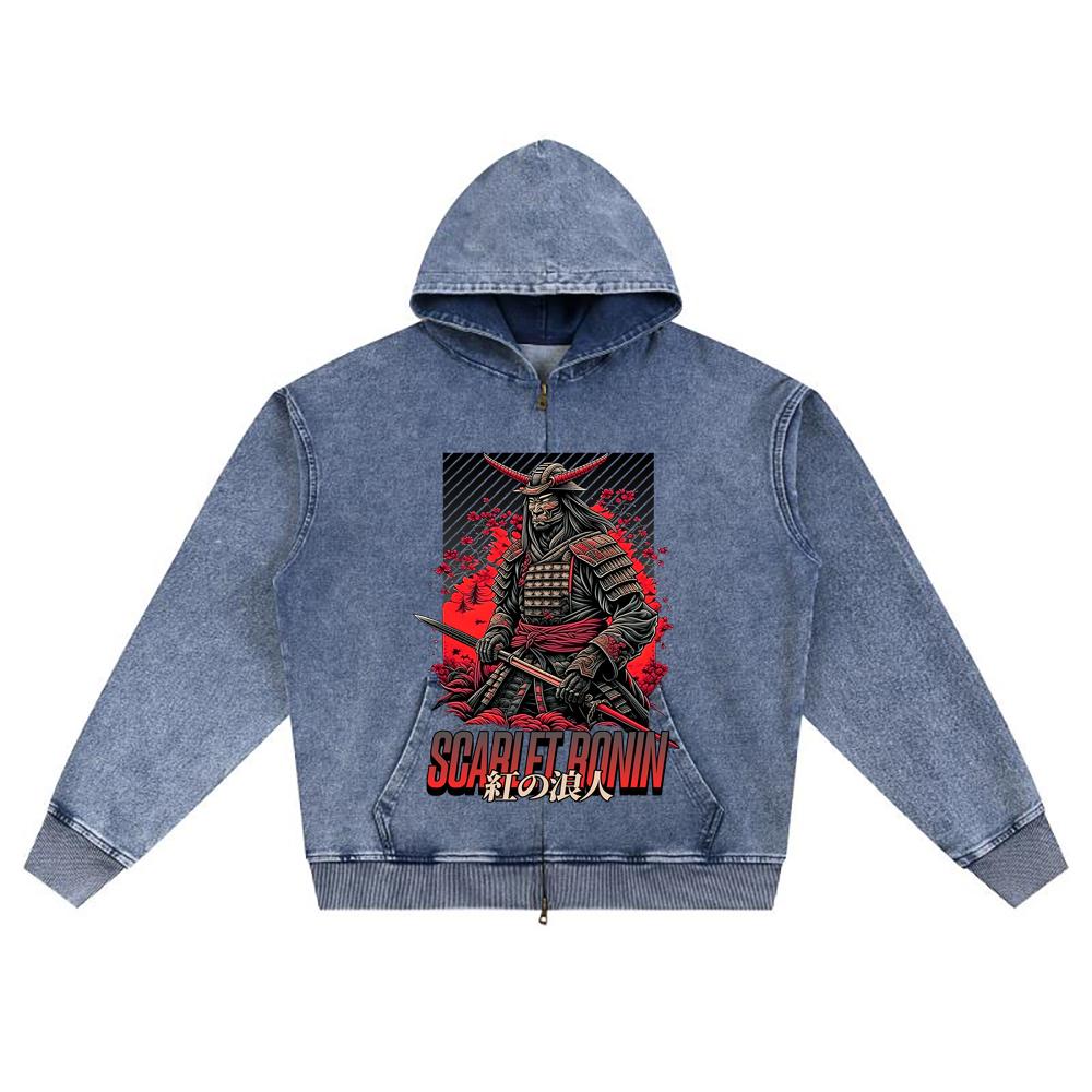 DTG print Knitted Denim Zip-Up Hoodie Japan Samurai Brother Print Zipper Hoodies  