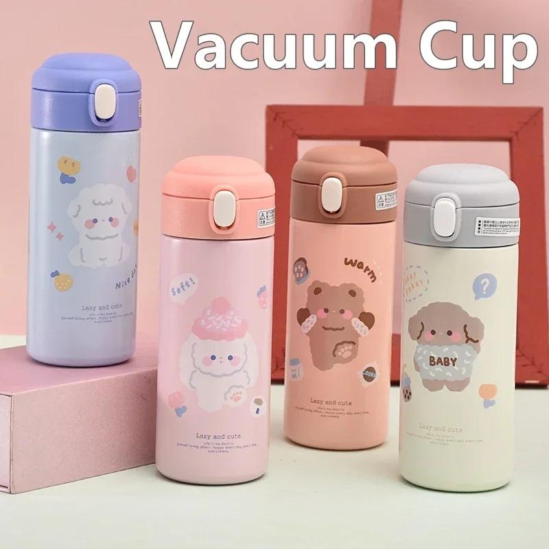 JUSTINLAU Bear Cups 380ml Cartoon Thermos for Girl Cute Little Student Portable Straw Water Bottle Thermos Vacuum Flask Drinking