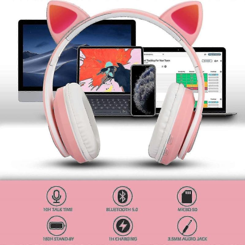 Bluetooth Over-ear Headphones Pink Girl Cat Ear Headphones Led Light Foldable Stereo Wireless Headphones Headset Compatible  Kids Telescopic Noise Can