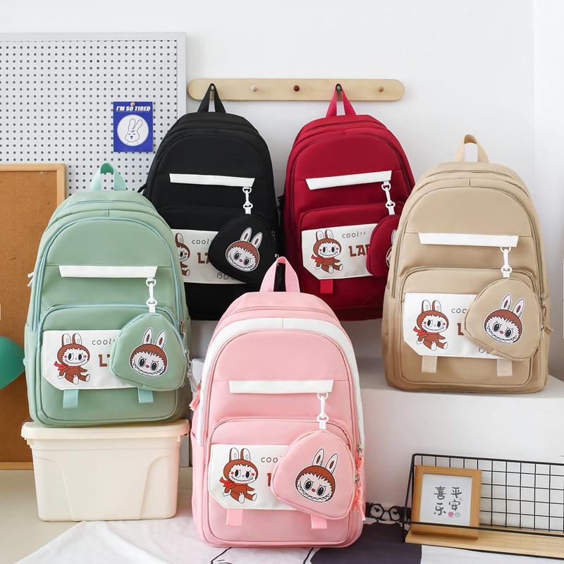 Labubu New Korean Style Fashion Four-piece Backpack Student Backpack Tutoring Bag Trendy Large Capacity Backpack