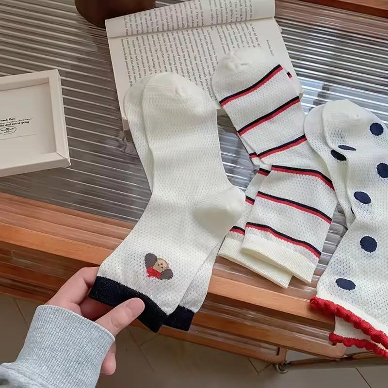 5 Pairs New Mid-Calf Breathable Thin Women's Socks Summer Mesh Polka Dot Dog Versatile Knee High Socks Comfortable Home Socks
