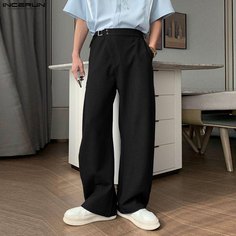 INCERUN Men Casual Back Elastic High Waist Front Cross Long Straight Pants Trousers