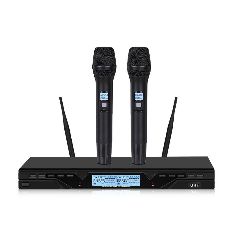UHF Dual Metal Wireless Microphone with Adjustable Frequency and LCD Screen for Professional Entertainment Use