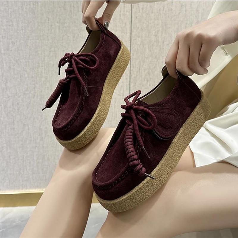 Zapatos para Mujer Mocasines Gamuza Cuero Genuino Estilo Británico Con Cordones Zapatos de Estudiante Mujer Talla Grande Zapatos Clásicos para Mujer