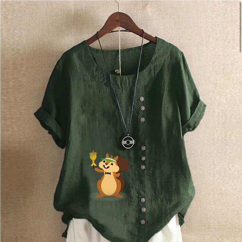 Women's Fashion Round Neck Short Sleeve T-shirt Casual Cotton Linen Graphic Shirt Leisure Loose Squirrel Prined Summer Blouse Tops