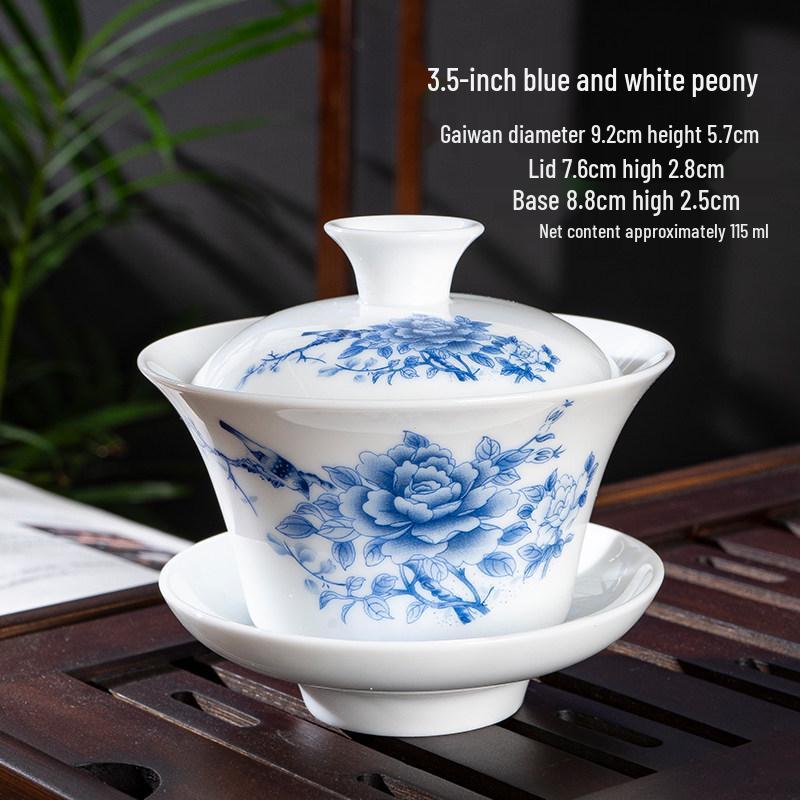 Chaozhou Blue and White Porcelain Gongfu Tea Set: Gaiwan, Mini Tea Cup, and Bowl