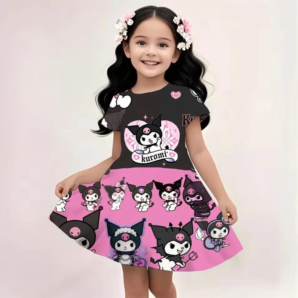 2025 Summer Girls Dress Fashion Cartoon Cute Cinnamoroll &Hello Kitty 3D Printing Dresses Kids Short Sleeve Princess Clothing