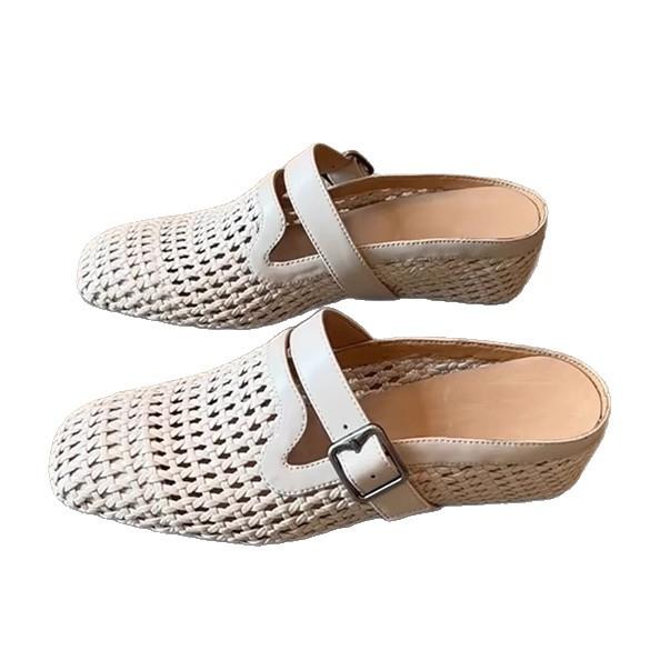 Soft leather version~ French holiday style woven hollow inner heightening bag head shoes women's head belt buckle breathable muller shoes