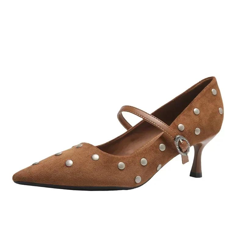 Fashion Rivet Designer High Heels Women Pointed Toe Elegant Office Women Shoes Spring Autumn Fashion Suede Low Heel Mules Pumps Women