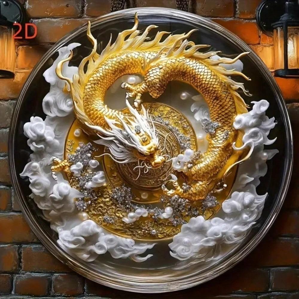 Vintage Chinese Dragon 8x8 Inch Circular Metal Wall Art High Res Wreath Decor For Home Office Kitchen