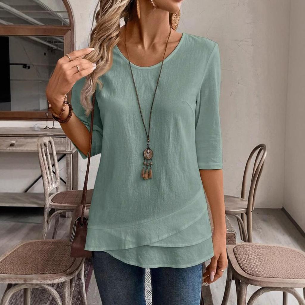 Ladies' Detail V-neck Patch Splicing Design Solid Color Shirt
