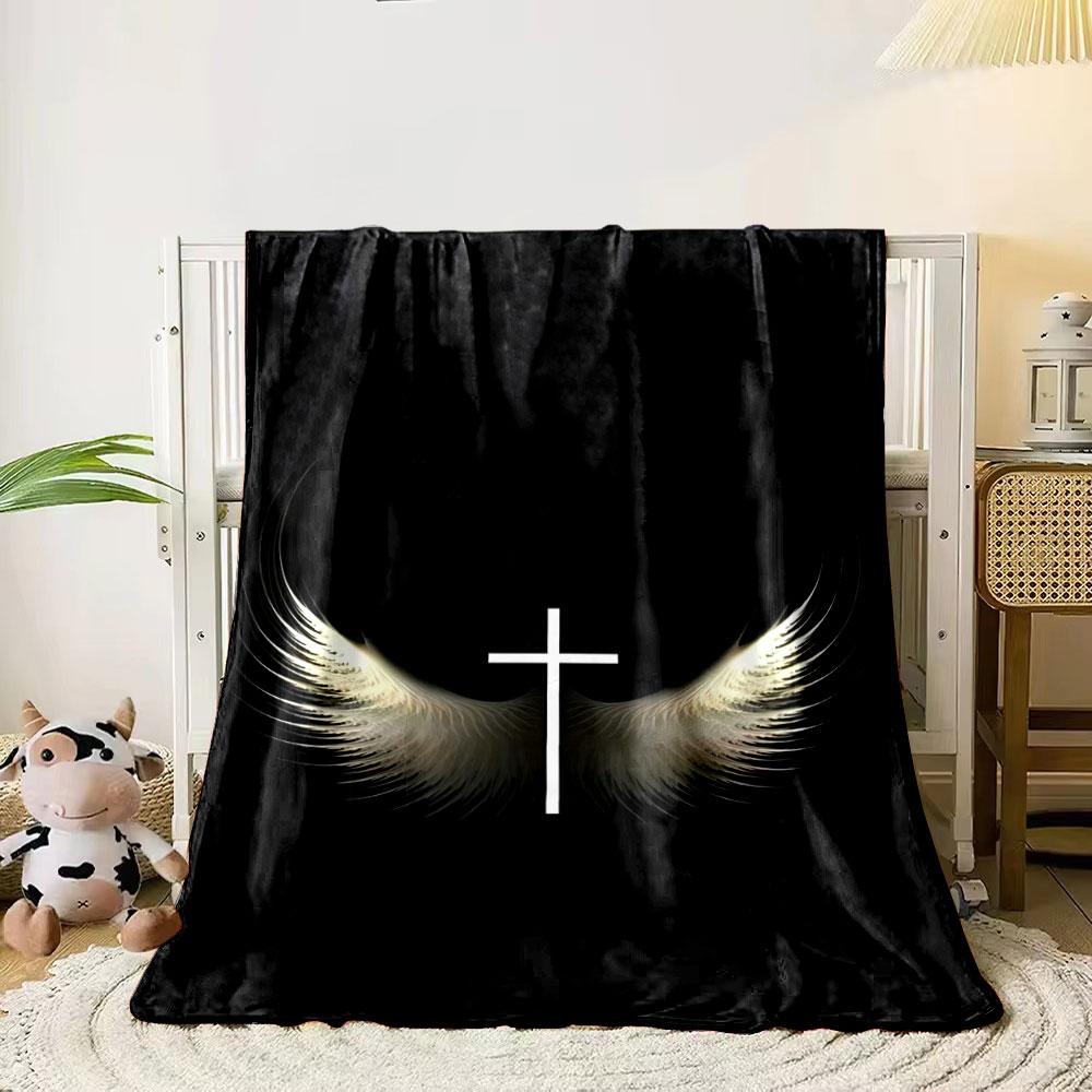 

White cross centered with feather-like wings on a black background. for all seasons blanket lunch break throw gift 80cm x 120cm