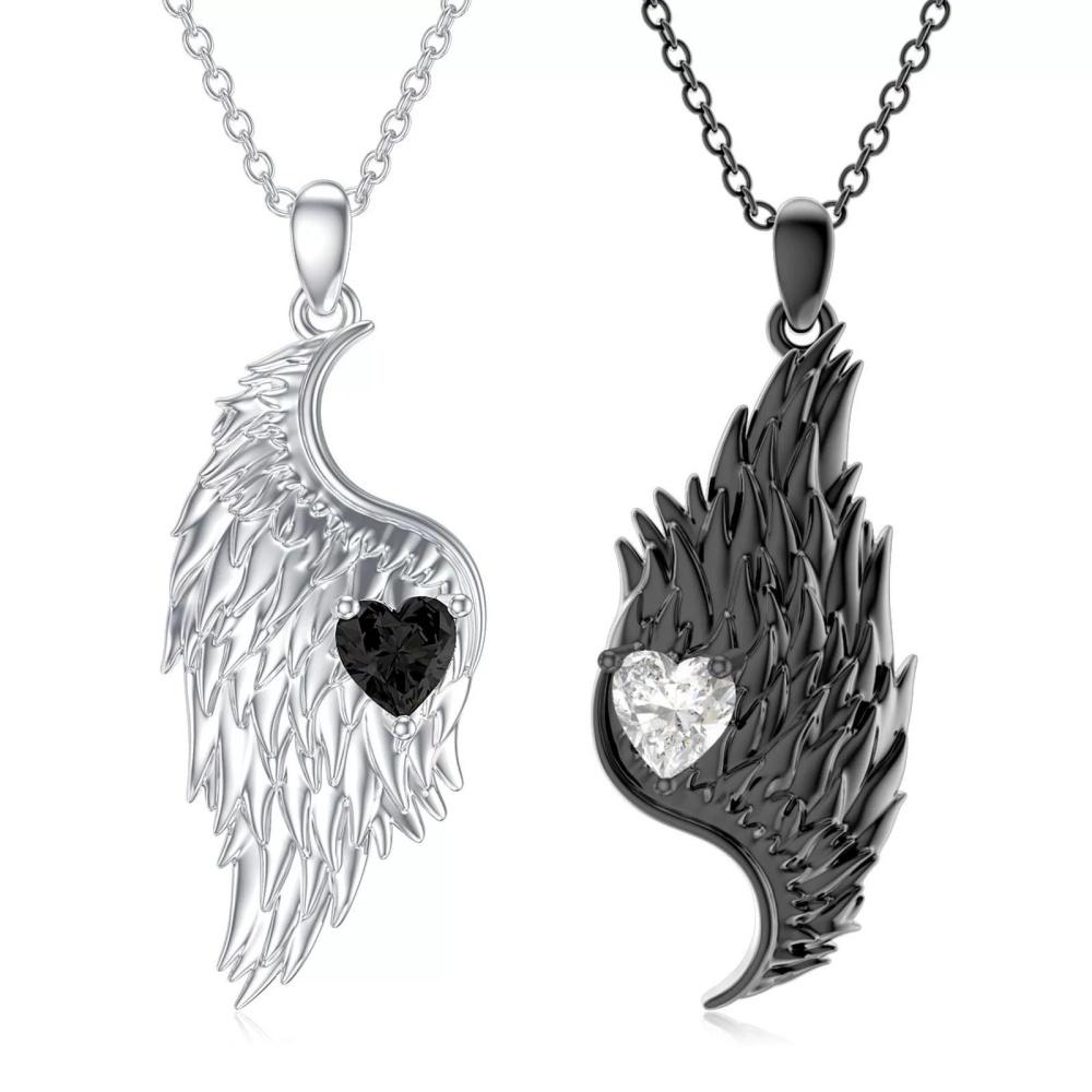 Neue Schwarz-Weiß-Farbe Herz Engel Teufel Flügel Anhänger Halskette Ohrringe Einzigartiger Mode Gothic Valentinstag Schmuck Geschenk