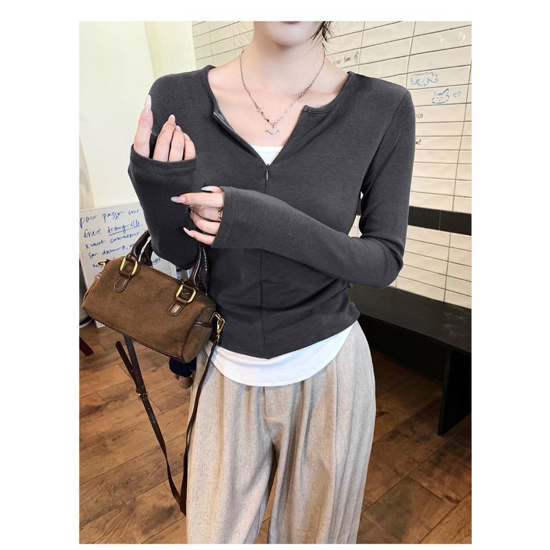 

Spring half-zipper contrasting fake two-piece T-shirt women s top waist pinch pleated long-sleeved retro bottoming shirt 2XL темно-серого