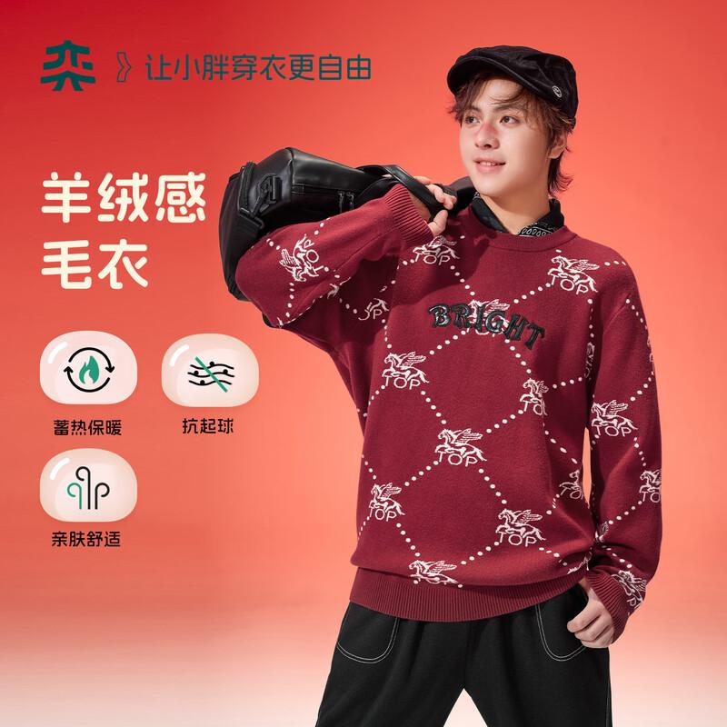 Yishidai Plus-Size Boys  Wine Red Thick Knitted Sweater 170cm (Recommended 130-150 jin)