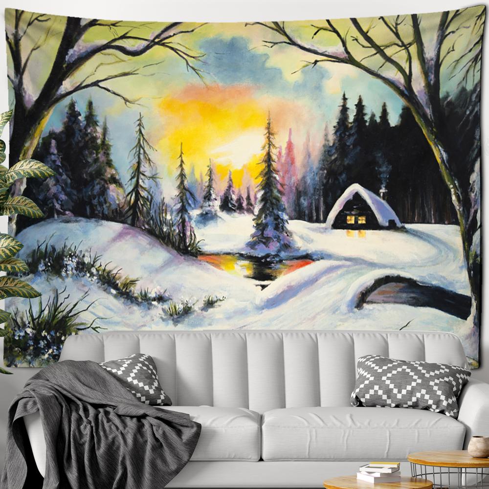 Ölgemälde Schneeszene Wandteppich Wandbehang Weihnachtsbaum Naturlandschaft Psychedelisch Hexerei Ästhetischer Raum