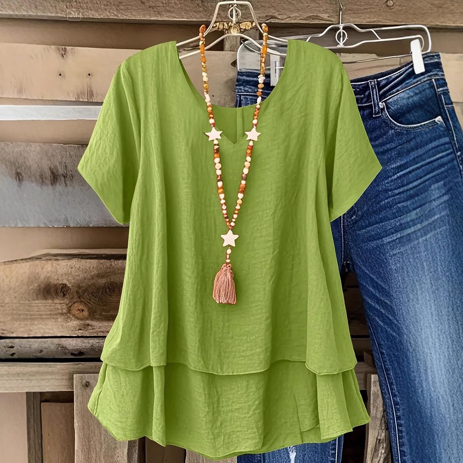 

Women s Casual Oversized V-Neck Double-Layer Faux Two-Piece Short-Sleeve T-Shirt Top XL зелений