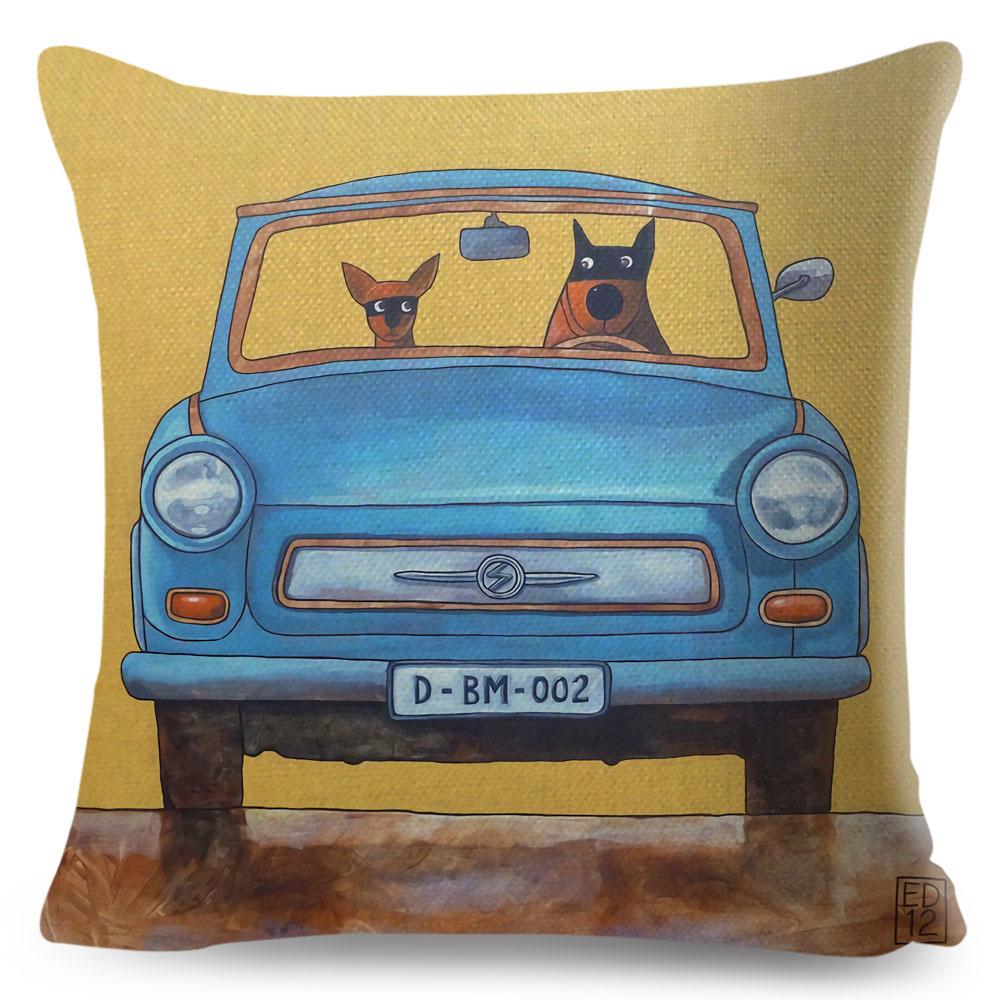 Colorful Cartoon Driving Dog Cushion Cover Decor Lovely Pet Animal Pillowcase Polyester Pillow Case for Sofa Home Car xcm