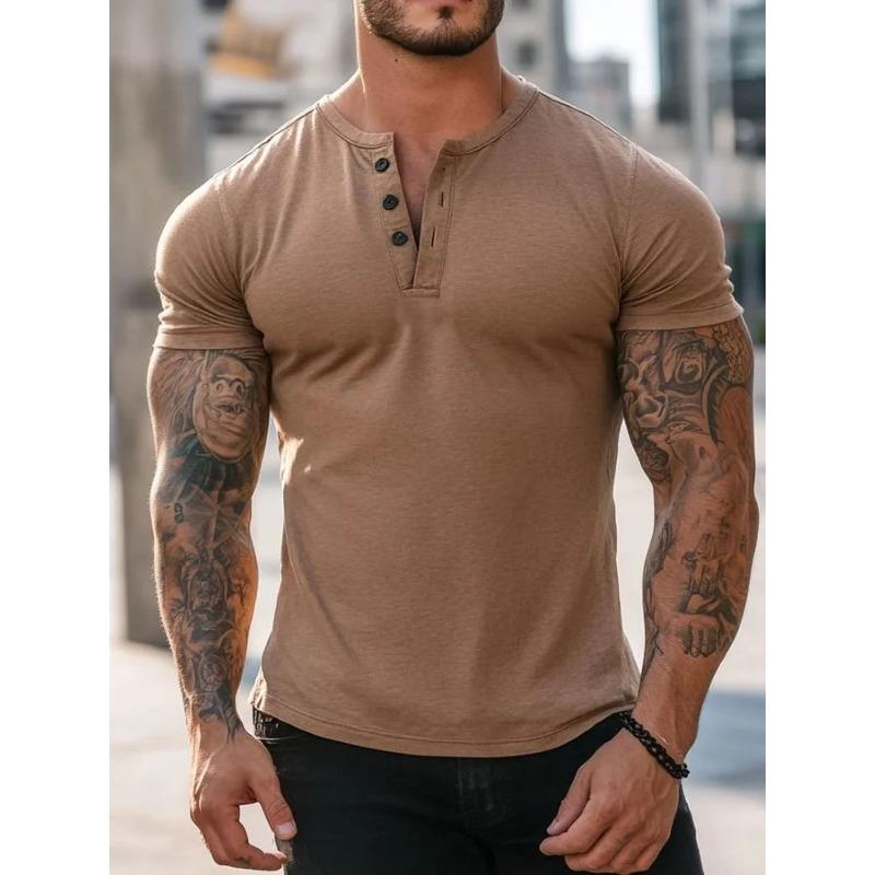 European and American semi-cardigan, casual short-sleeved digital printing slim-fit pullover Henry T-shirt top men's clothing
