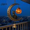 Spooky Yard Decoration Black Cat Moon Wind Chime, Gothic On Crescent Bell Holiday Gift for Home with Pumpkin Lantern, Halloween Hanging Ornament Porch