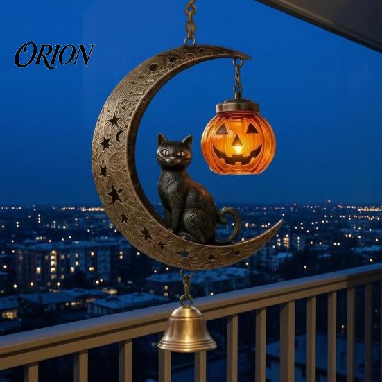Spooky Yard Decoration Black Cat Moon Wind Chime, Gothic On Crescent Bell Holiday Gift for Home with Pumpkin Lantern, Halloween Hanging Ornament Porch