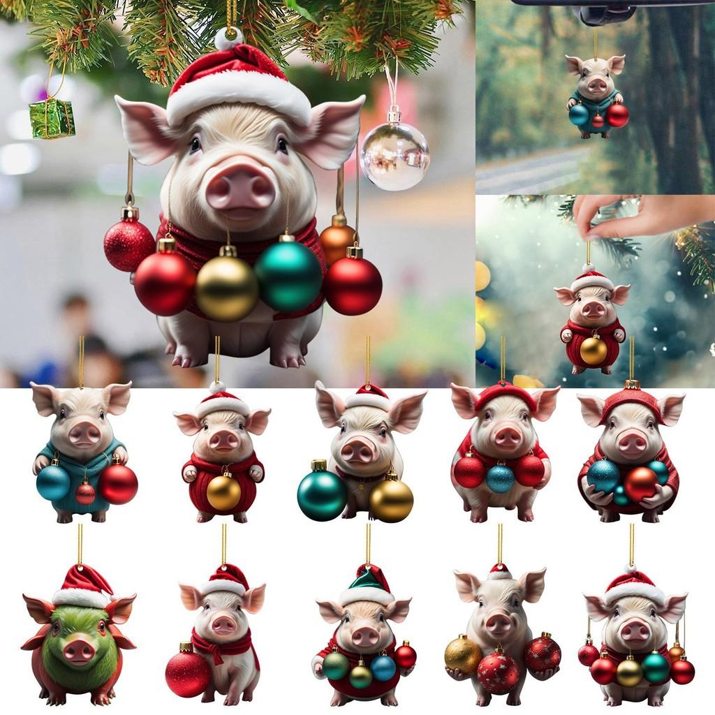 Cartoon Pig Festive Acrylic Pendant Cute Christmas Decoration For Vehicle Interiors