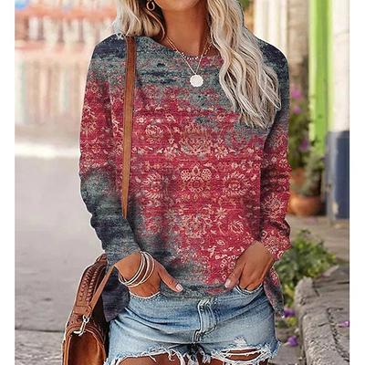 Spring and Autumn Round Neck 3D Vintage Floral Printed Top Fashionable Casual Long Sleeved Women's T-shirts