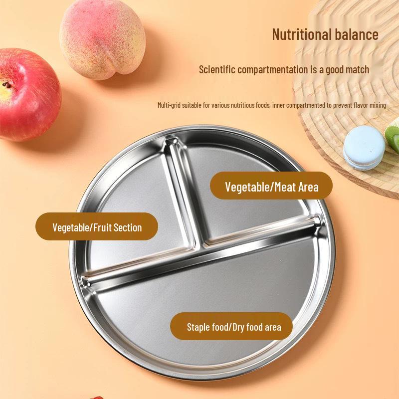 304 Stainless Steel Three-Compartment Lunch Plate for Students - Round Plate for Meals and Fruits