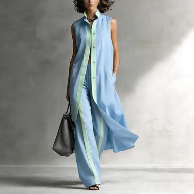 Women Sleeveless Longline Vest And Wide Leg Pants Set Contrast Color Casual Loose Fit Summer Outfit