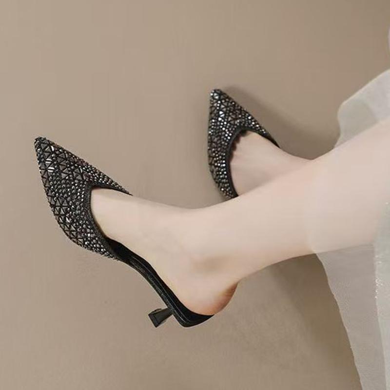 Crystal Pointed Toe Women Slippers Summer Mid Heels Shoes Dress Elegant Woman Pumps 2025 Trend Walking Chaussure Femme