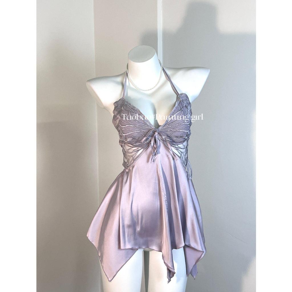 Mingjun Sukienka do spania z odkrytymi plecami, z wkładkami push-up i francuską kokardą