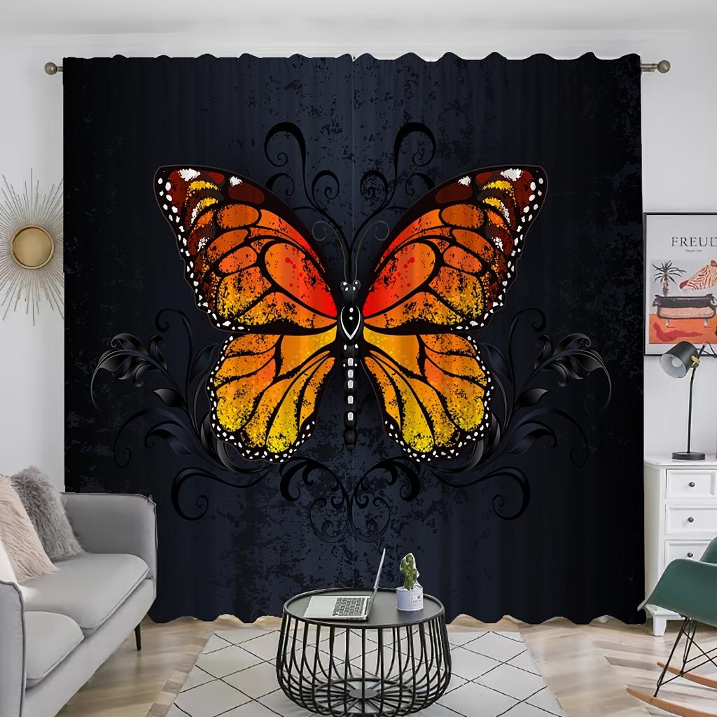 2pcs Black Golden Butterfly Printed Curtains, Modern Art Vintage Fluttering Butterflies Shading Curtains For Bedroom Living Room