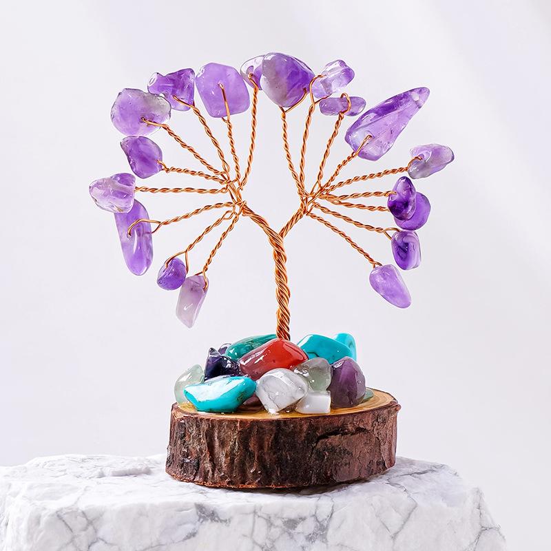 

Natural Crystal Chips Tree Handmade With Copper Wire Wood Stump Base Money Tree Of Life Ornament Home Office Decor фиолетовый
