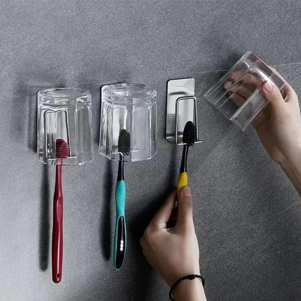 Stainless Steel Toothbrush Holder 2 IN 1 Design Self Adhesive Cup Holder Wall Mounted Durable Bathroom Organizer
