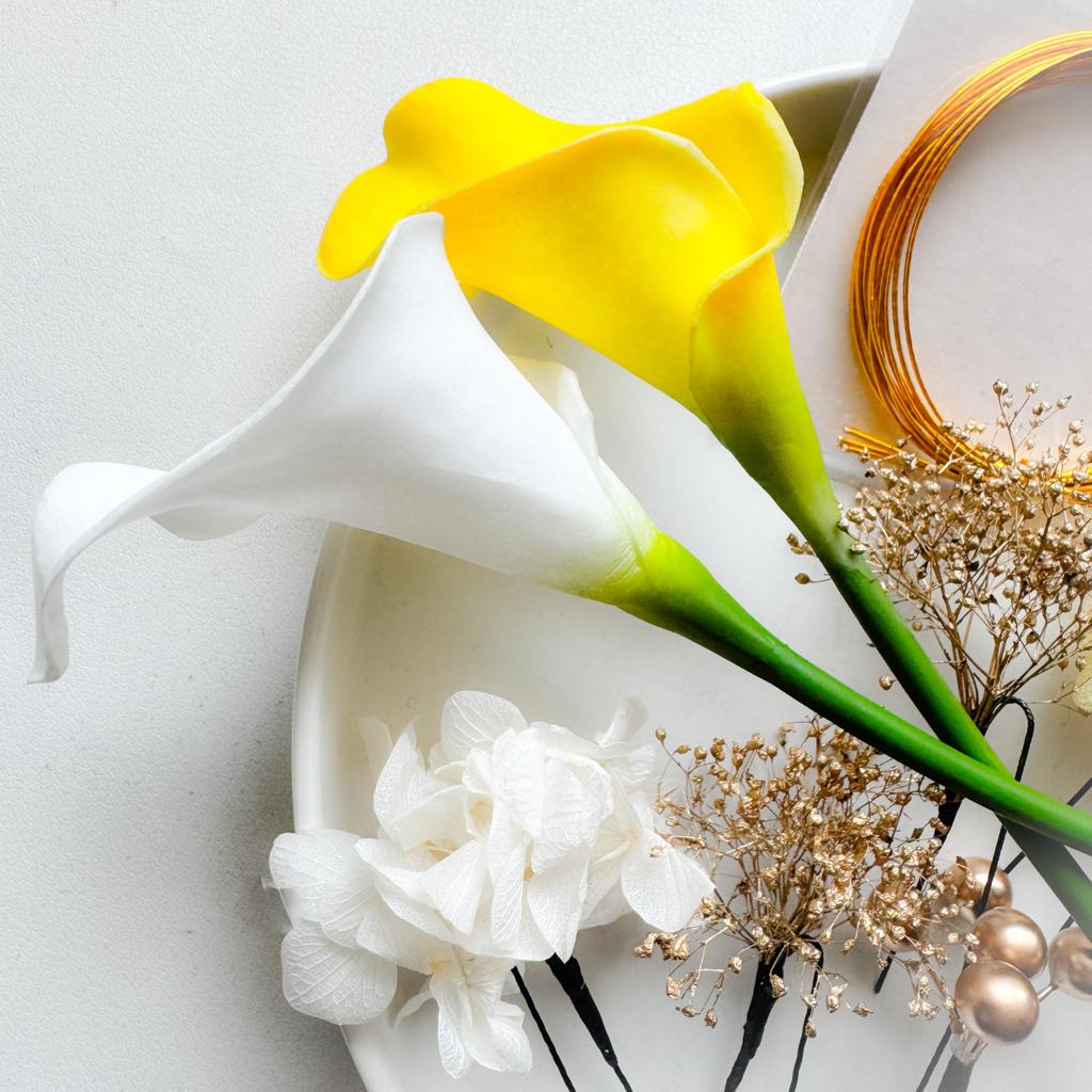 Yellow Calla Lily, White, Coming-of-Age Ceremony, Hair Ornament, Dried Flowers, Mizuhiki (decorative cord), Gold Leaf, Japanese Traditional Clothing,