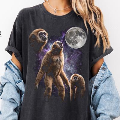 Three Gibbons Howling At The Moon Shirt. Funny Monkey Graphic Tee. Retro Vintage Y2K 90s Style Primate Lover Gift