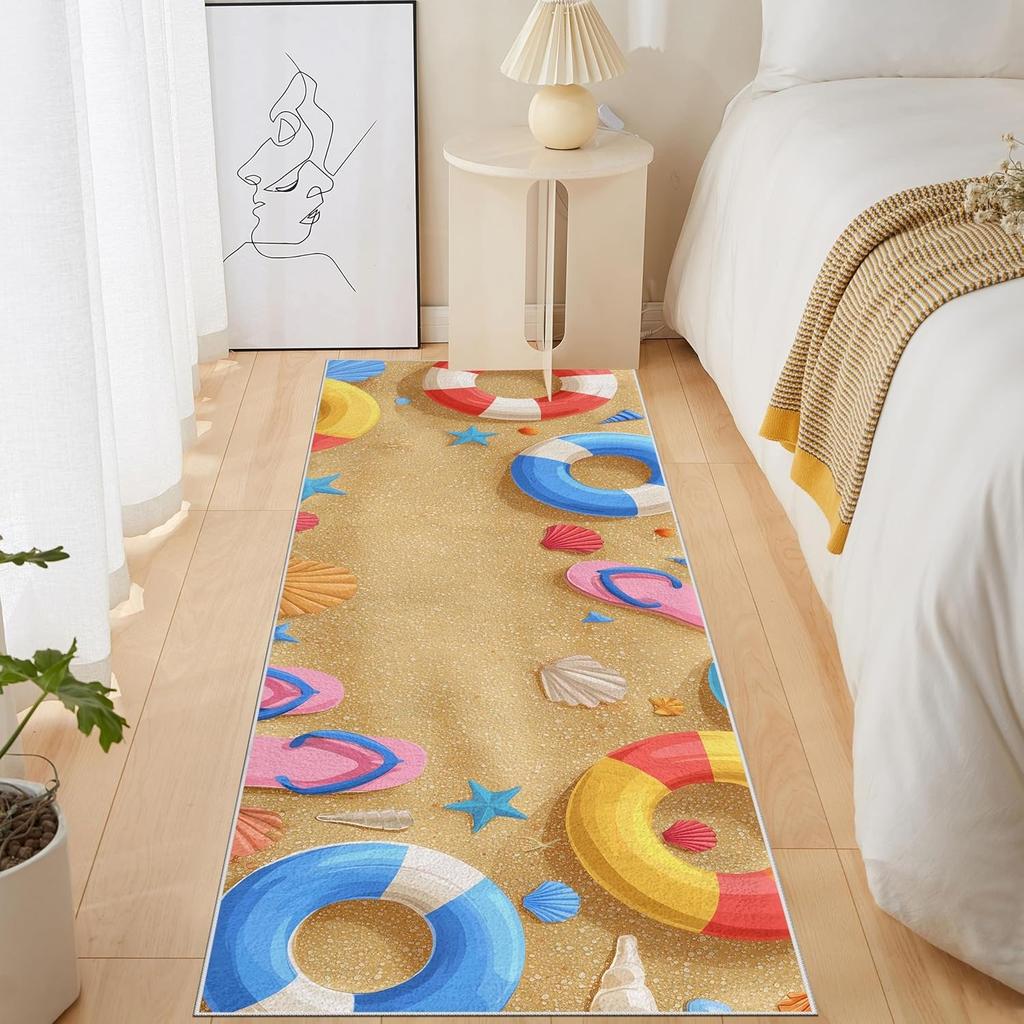 Cartoon Beach Scene Illustration Runner Rug Vacation Lifebuoy Shell Starfish Print Carpet Non-Slip Hallway Living Room Floormat