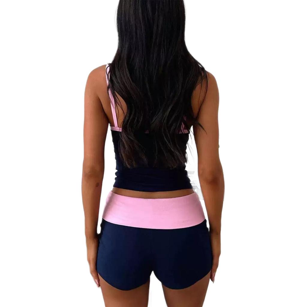European and American contrasting color suspender shorts set women's simple color matching home set leisure sports short loungewear
