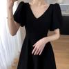 Plus Size Wine Red French V-Neck Hepburn Style Summer Puff Sleeve Slimming Long Skirt