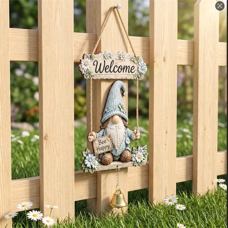Farmhouse Outdoor Welcome Sign, Entryway 2D Wooden Hanging Gnomes Bells for Garden Porch Gate Decors, Holiday Housewarmings Gift