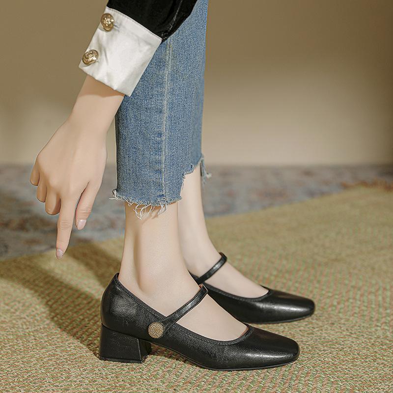 French Leather Versatile Mary Jane Shoes Women's 2025 Spring and Autumn New Retro One-word with Thick Heel Single Shoes Sheepskin Version~